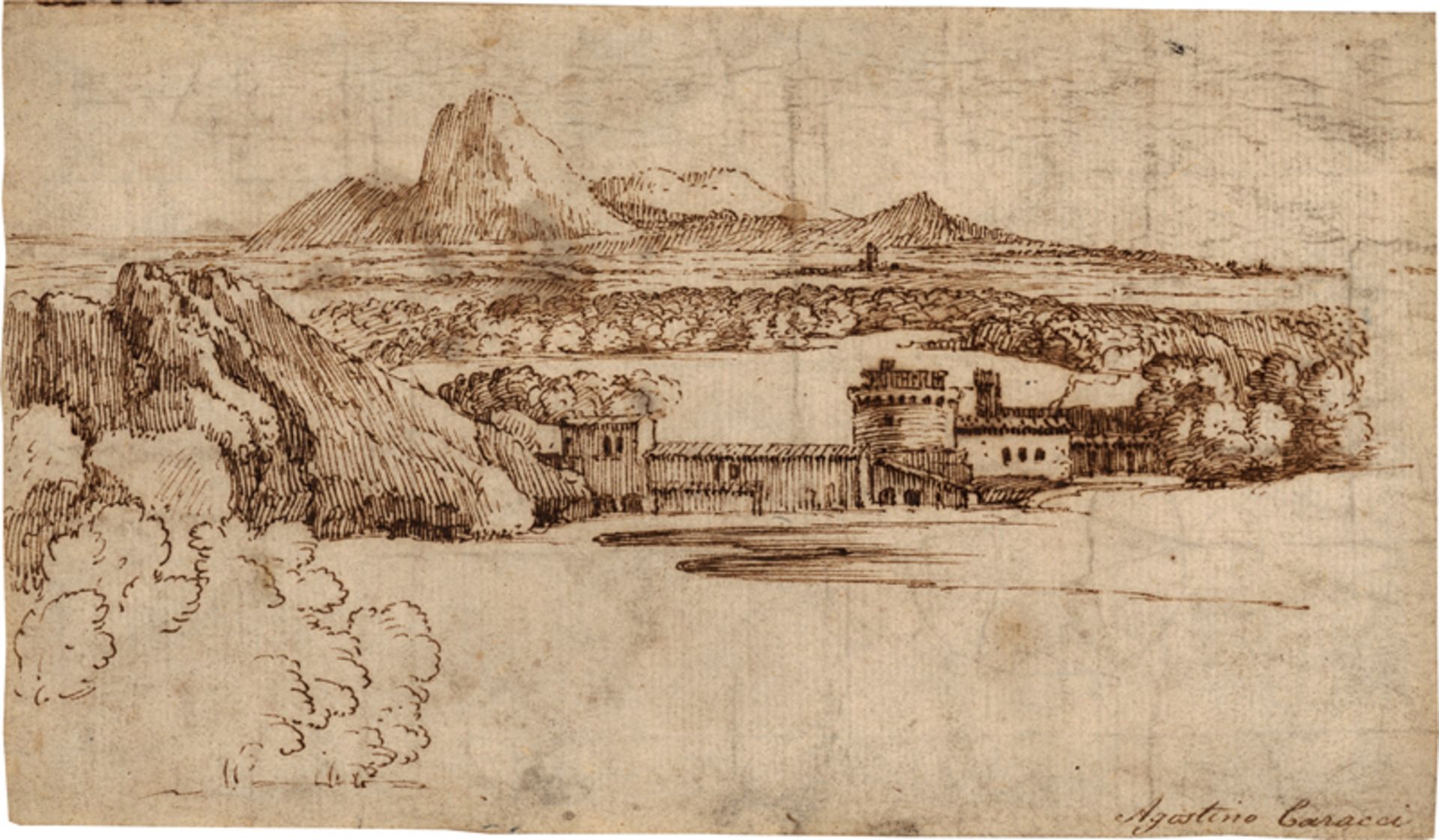 Italienisch: um 1600. Landschaft mit Kastell