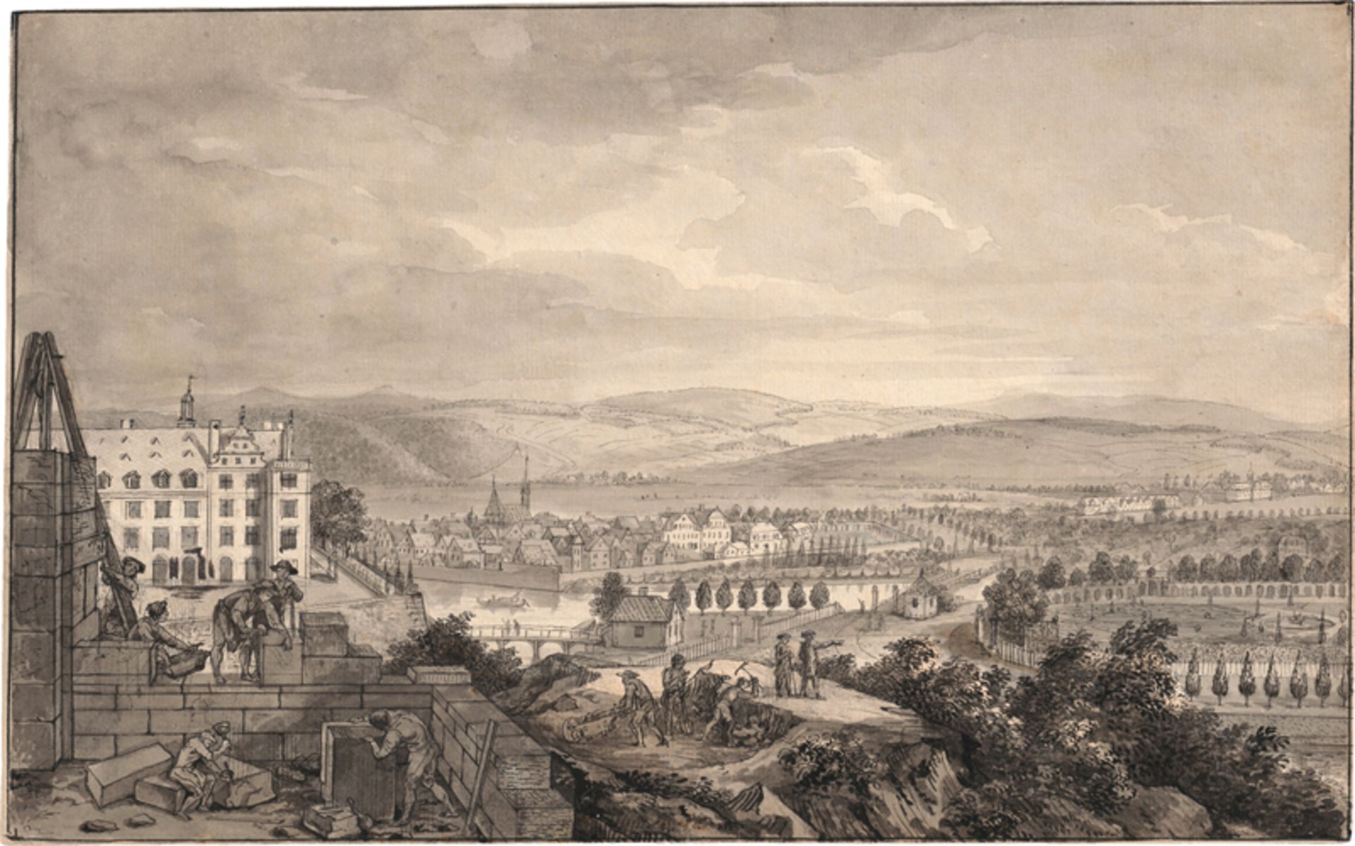 Tischbein d. Ä., Johann Heinrich: Blick über Kassel auf die Fulda, links mit der Baustelle...