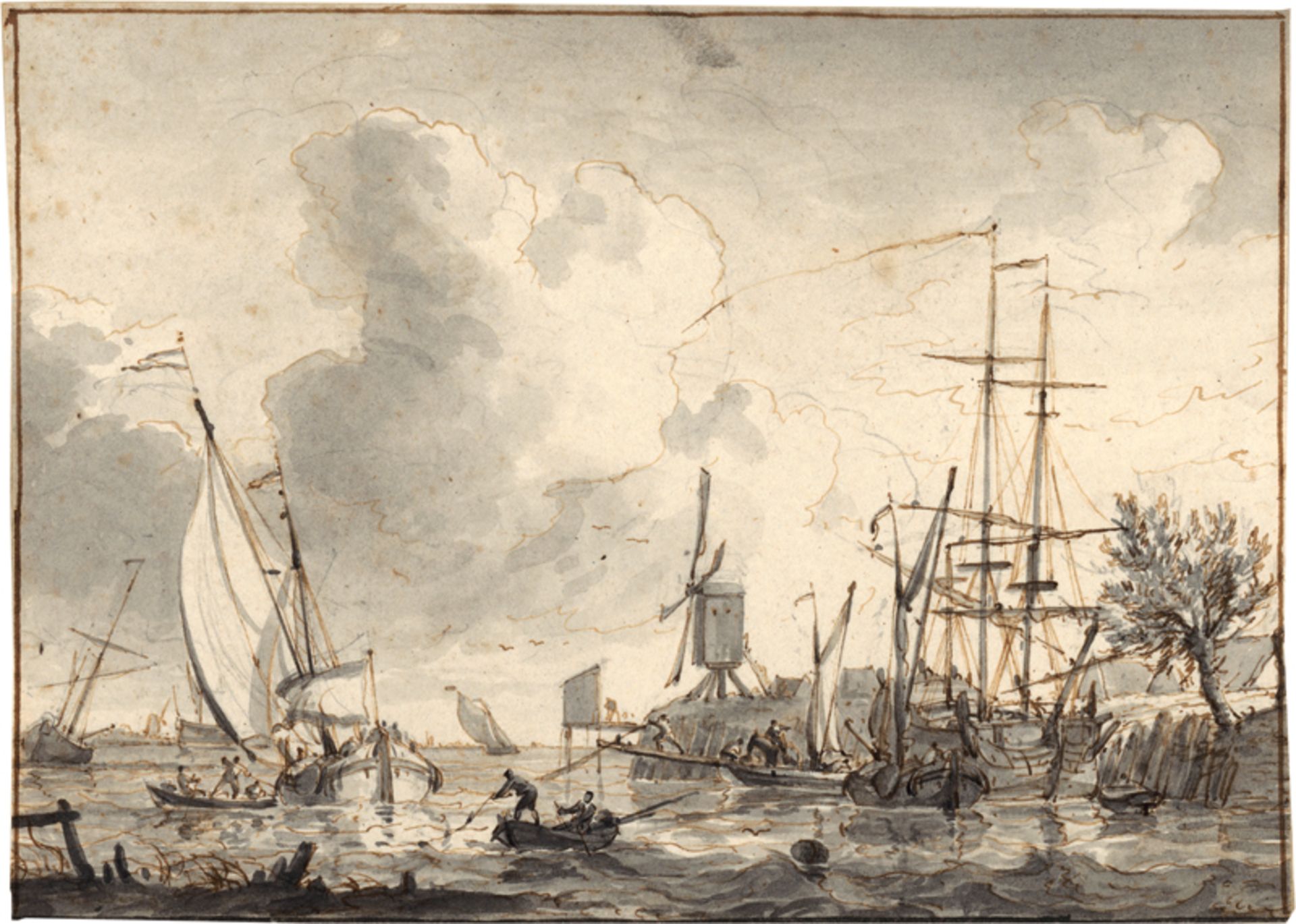 Niederländisch: 18. Jh. Kleine Hafenszene mit Segelschiffen und Windmühl...