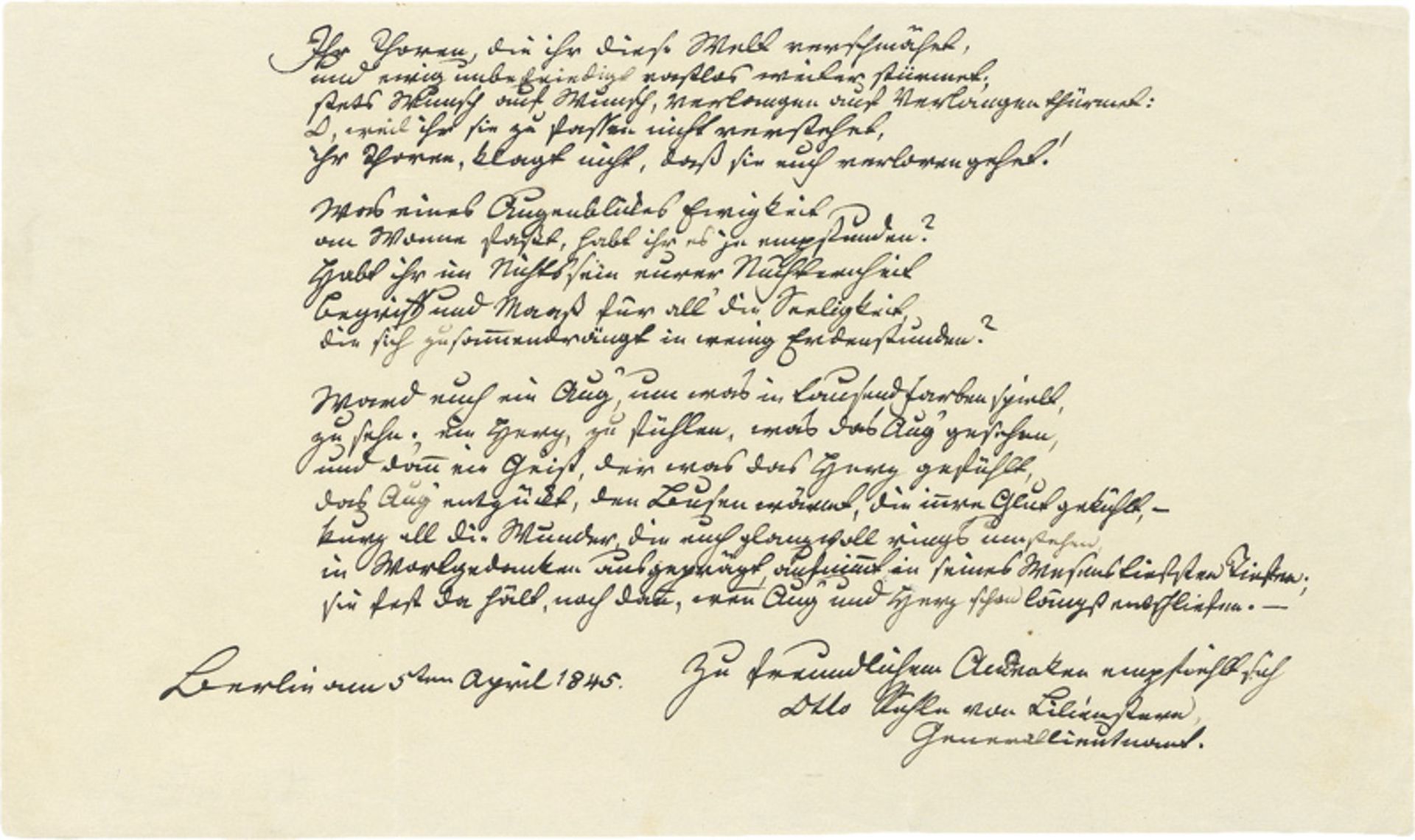 Rühle von Lilienstern, Otto: Signiertes Gedichtmanuskript