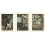 Yoshikazu, Ichijusai: Der Gewitterkampf für Kusunoki Matsasura. Triptychon mit...