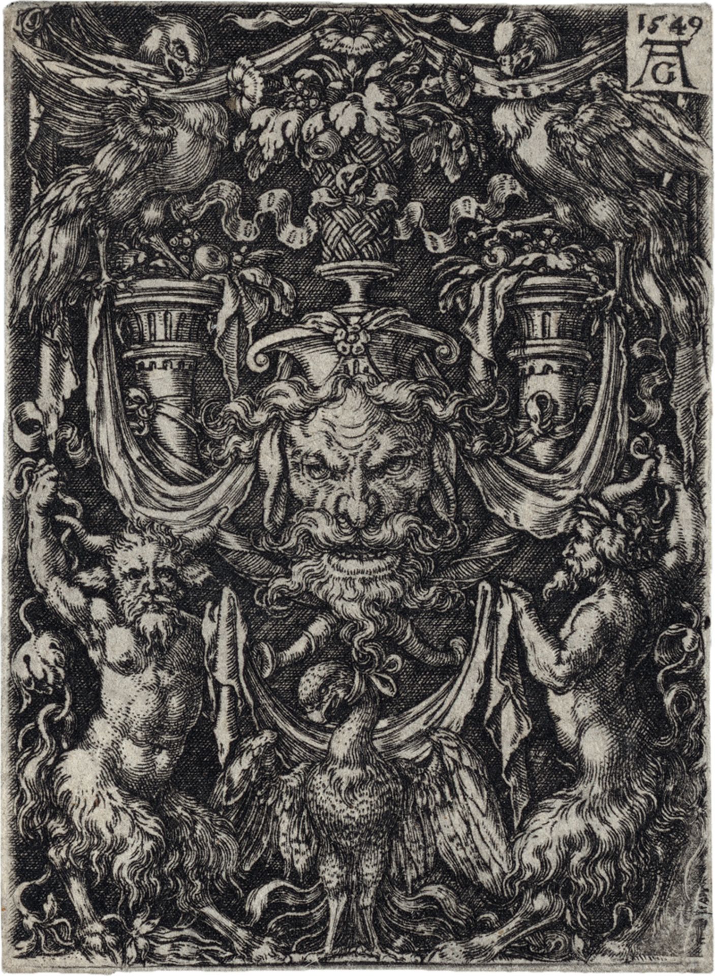 Aldegrever, Heinrich: Ornamententwurf mit Maske und Adler zwischen zwei Faunen