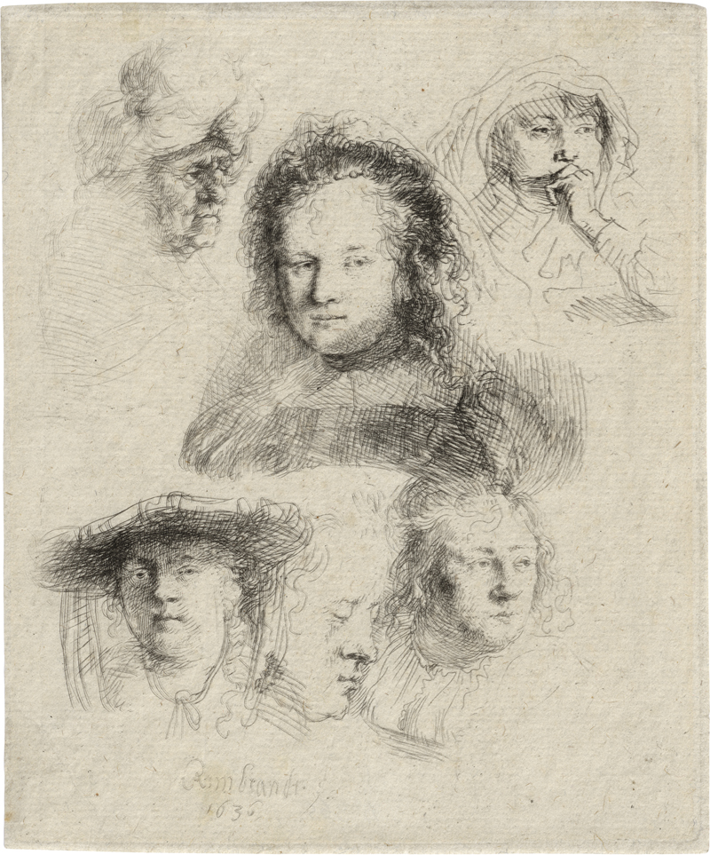 Rembrandt Harmensz. van Rijn: Studienblatt mit sechs Frauenköpfen