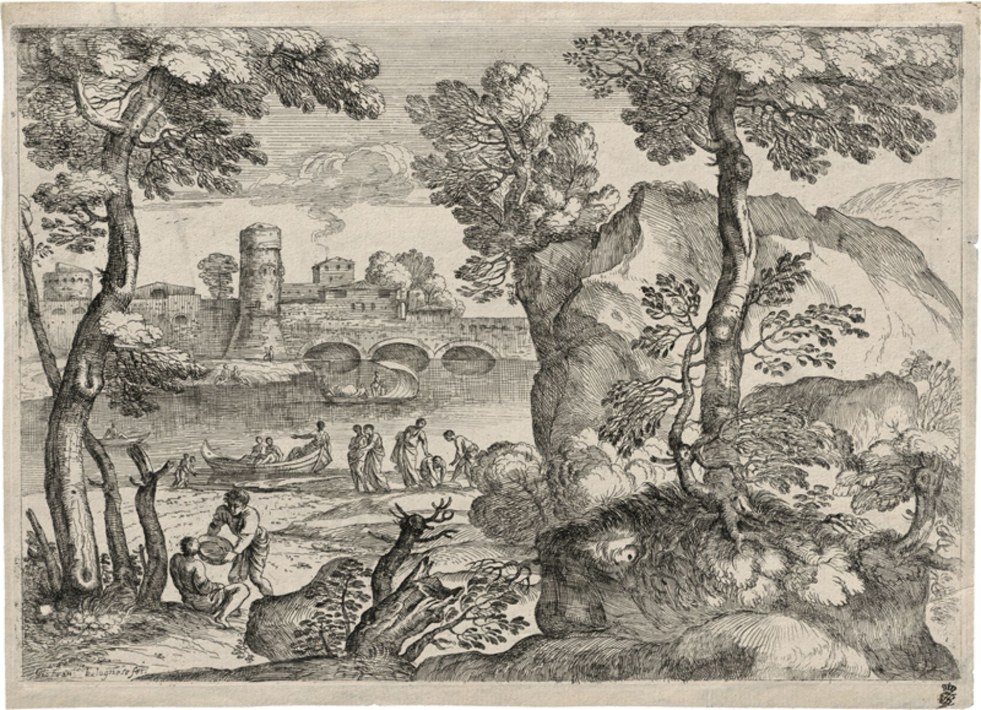 Grimaldi, Giovanni Francesco: Landschaft mit drei kleinen Booten auf dem Fluss