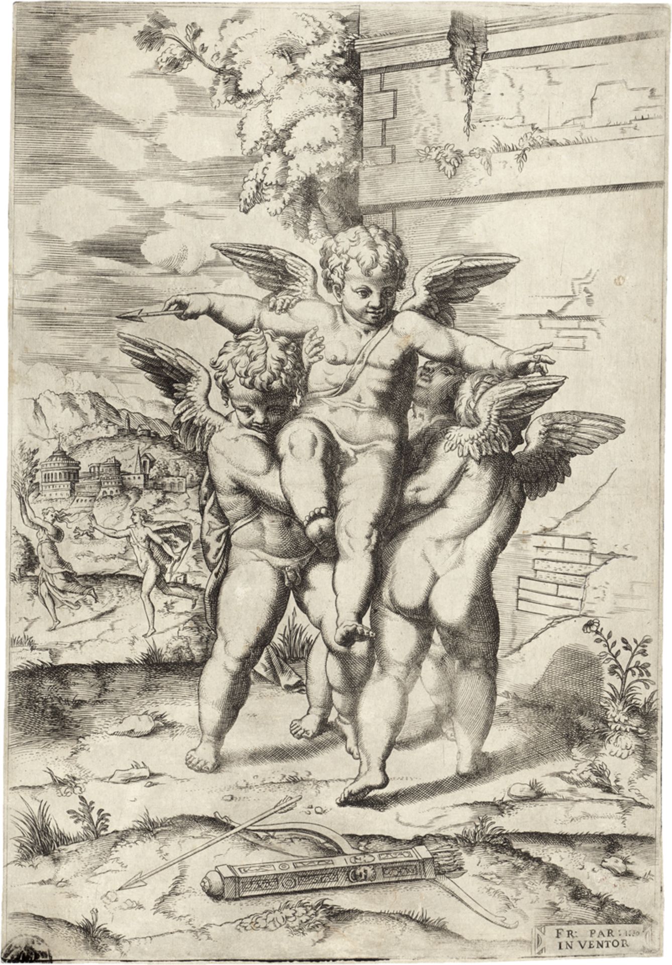 Vico, Enea - zugeschrieben: Vier Putti in einer Landschaft mit Apoll und Daphne