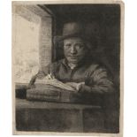 Rembrandt Harmensz. van Rijn: Selbstbildnis am Fenster, zeichnend