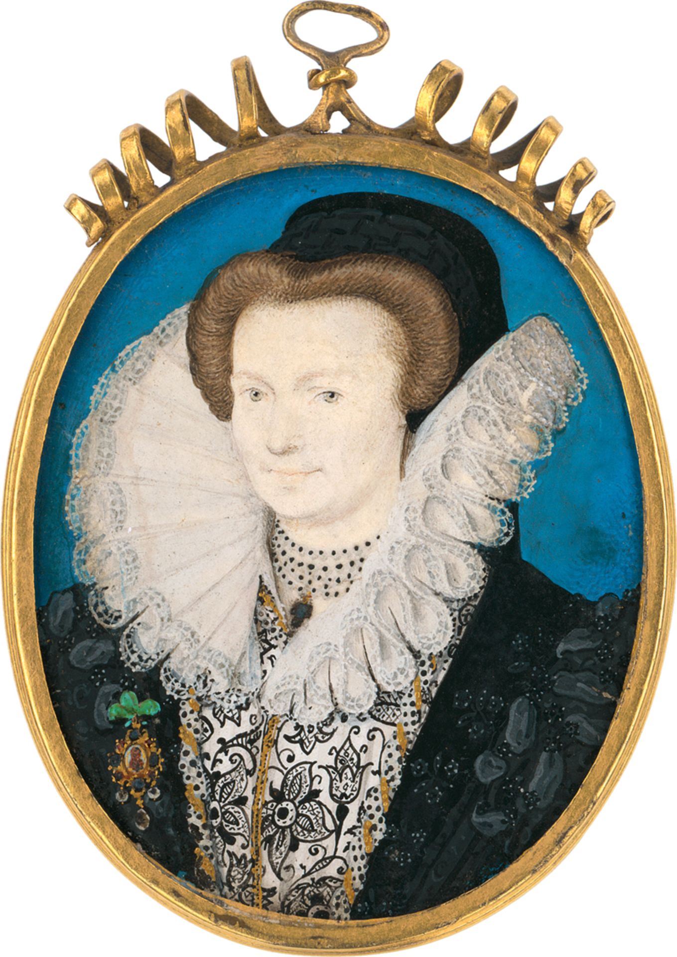 Hilliard, Nicholas: Miniatur Portrait einer jungen Frau mit schwarzer Haube ...