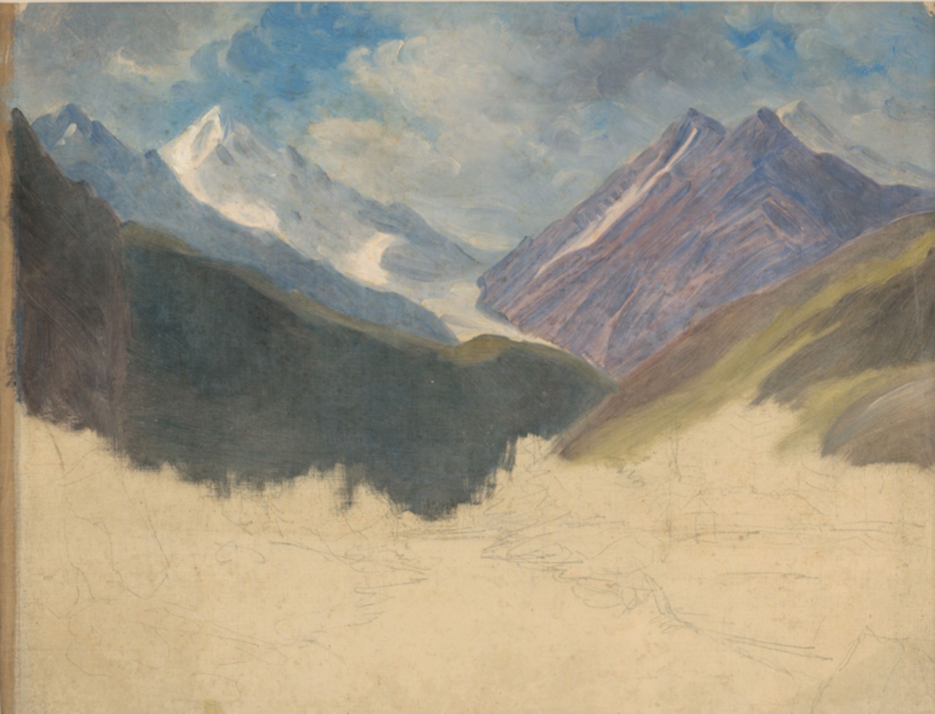 Deutsch: um 1840. Alpenlandschaft mit schneebedeckten Gipfeln