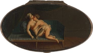 Kontinentaleuropäisch: um 1820/1830. Schwarze Lackdose mit erotischer Szene auf...