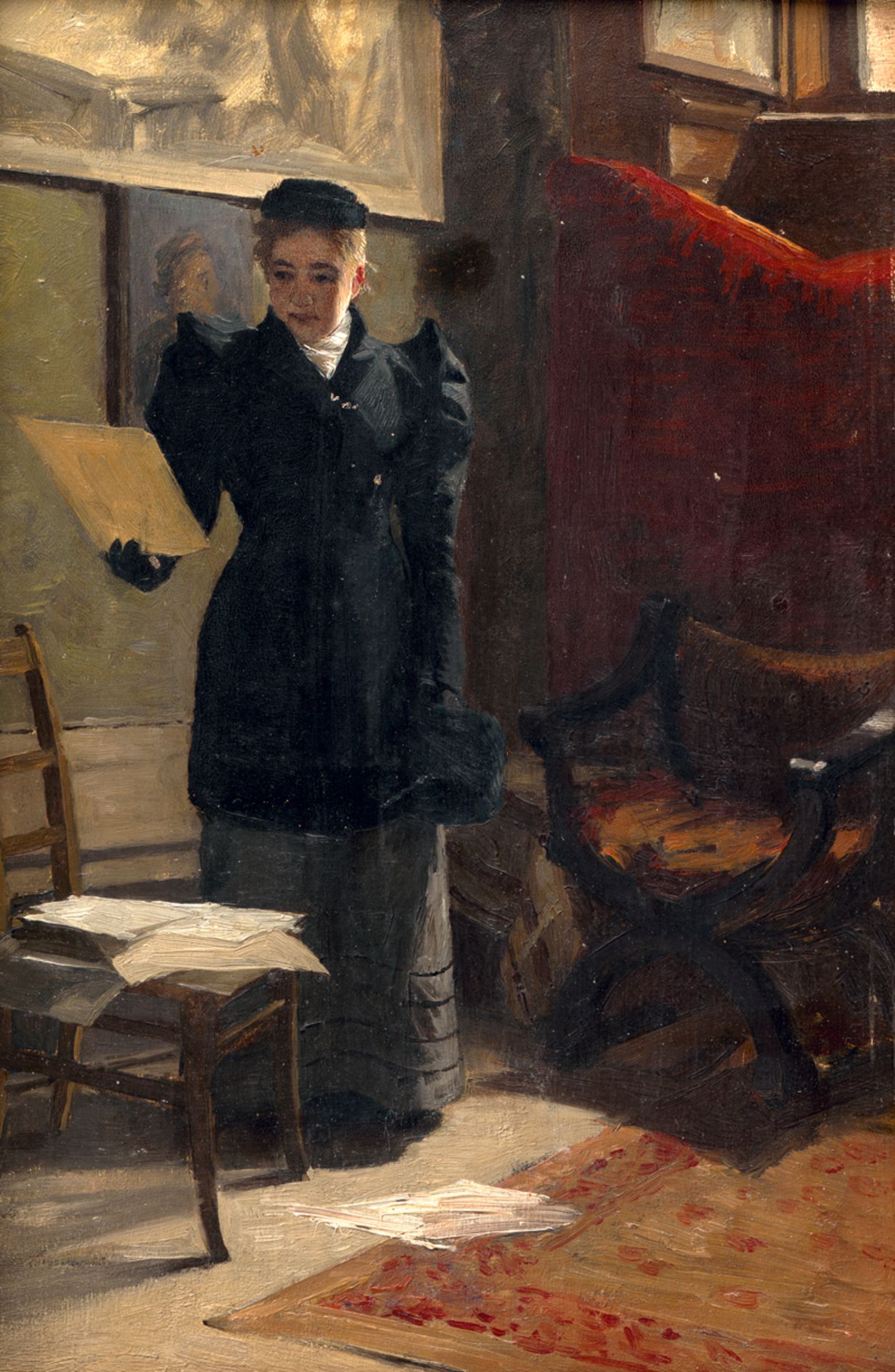 Französisch: um 1880. Junge Frau im Künstleratelier bei der Betrachtu...