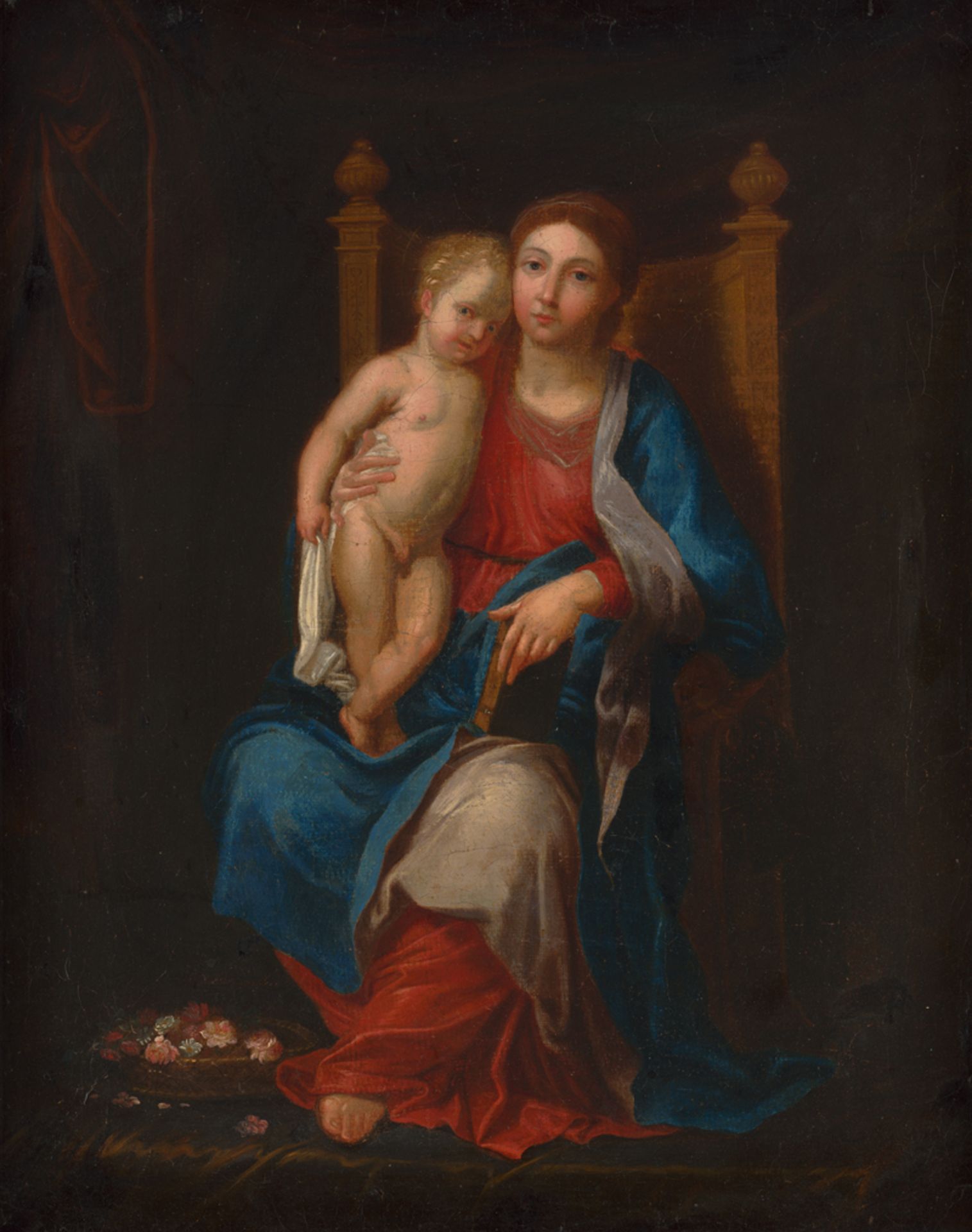 Französisch: 18. Jh. Maria mit dem Kind auf einem Thron sitzend und m...