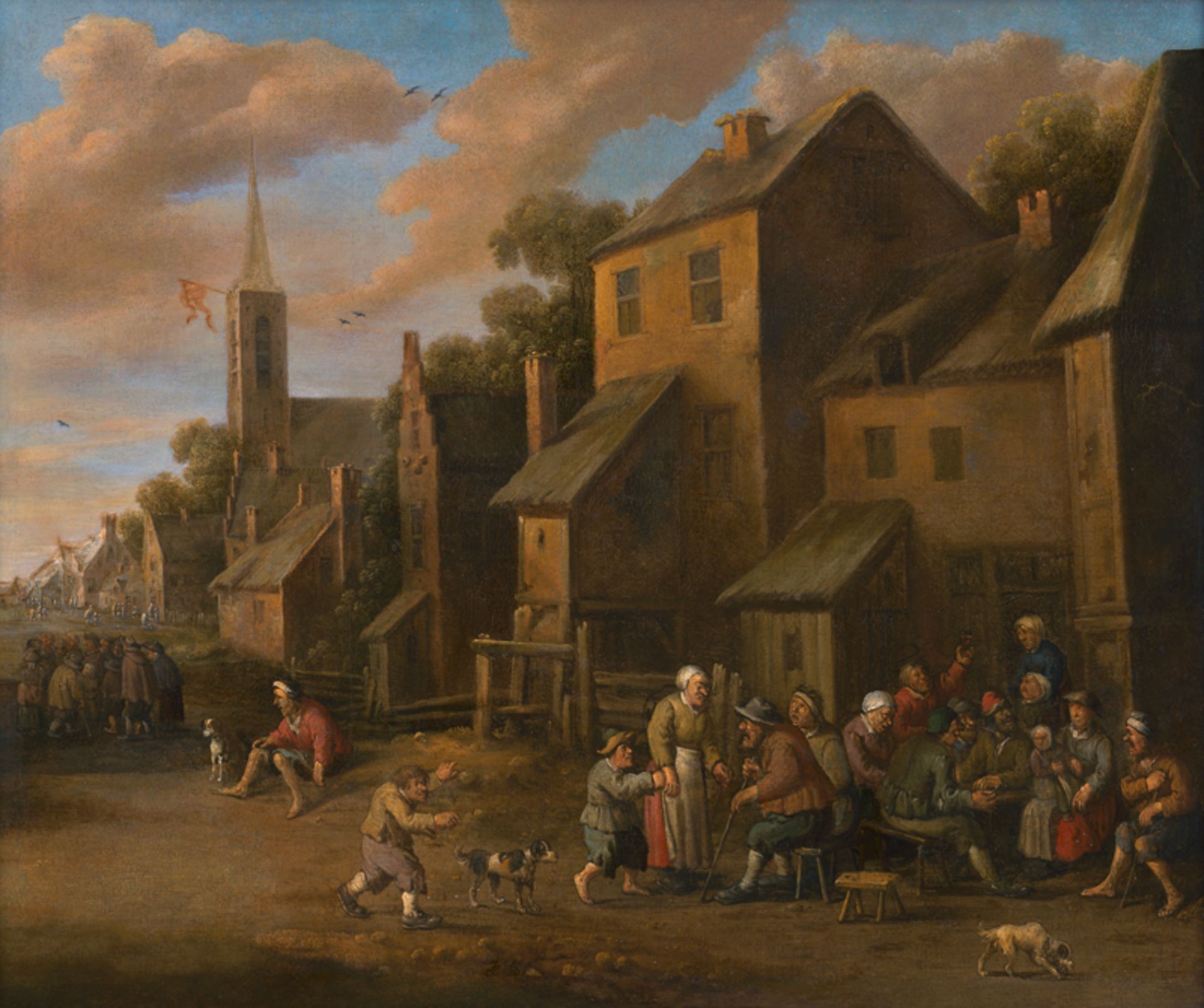 Droochslot, Jan Cornelis - zugeschr...: Dorflandschaft mit Spielern und Zechern vor einem Wirtsh...