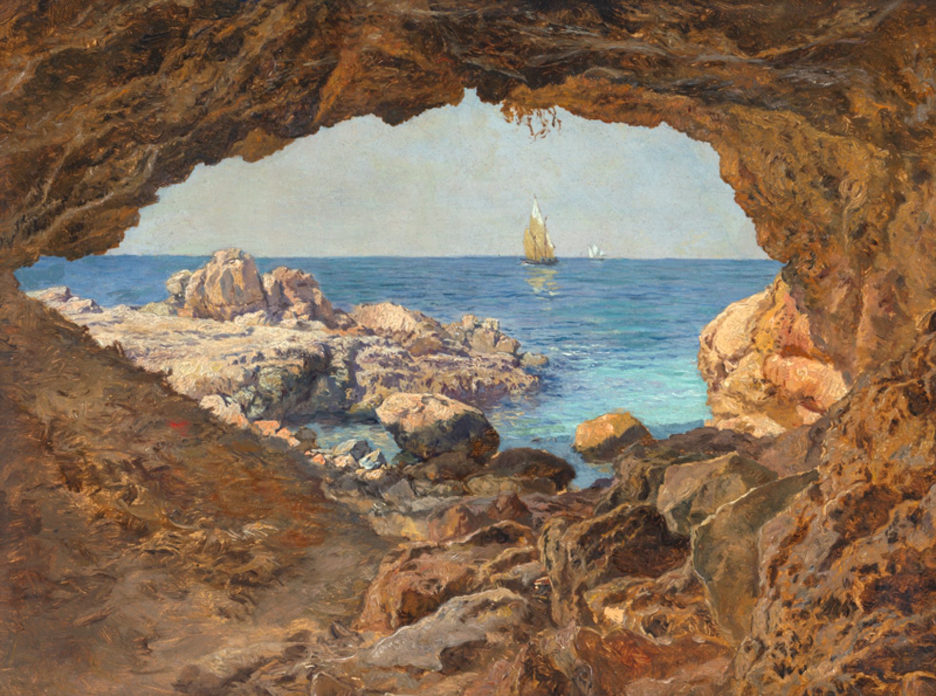 Deutsch: um 1840. Blick aus einer Grotte auf das offene Meer