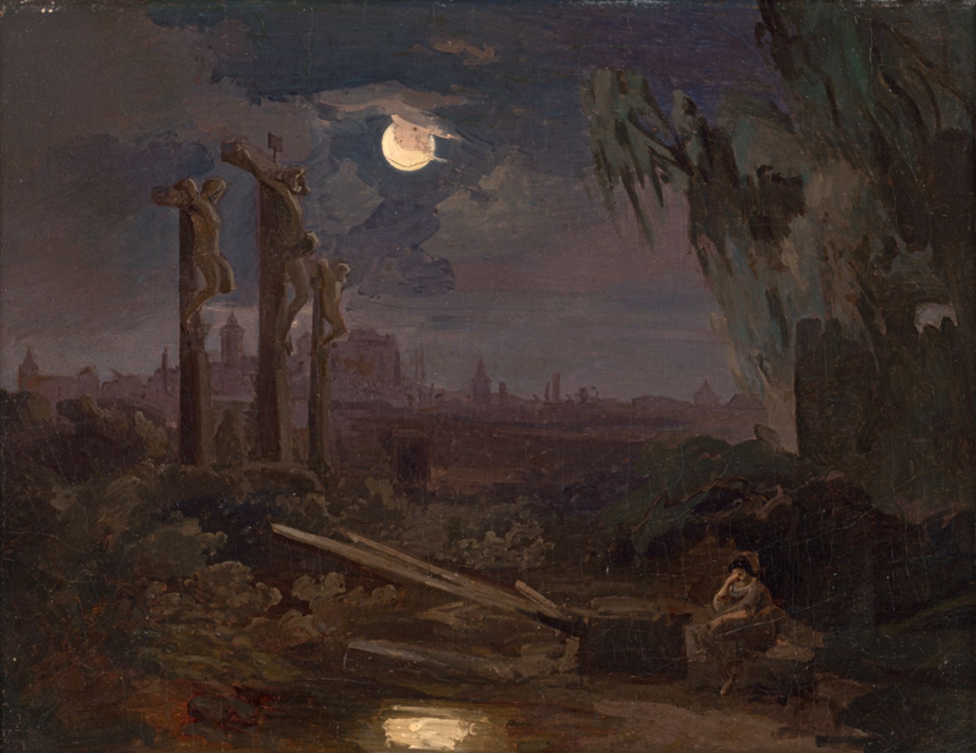 Deutsch: um 1830. Vollmond über dem Johannisfriedhof in Nürnberg