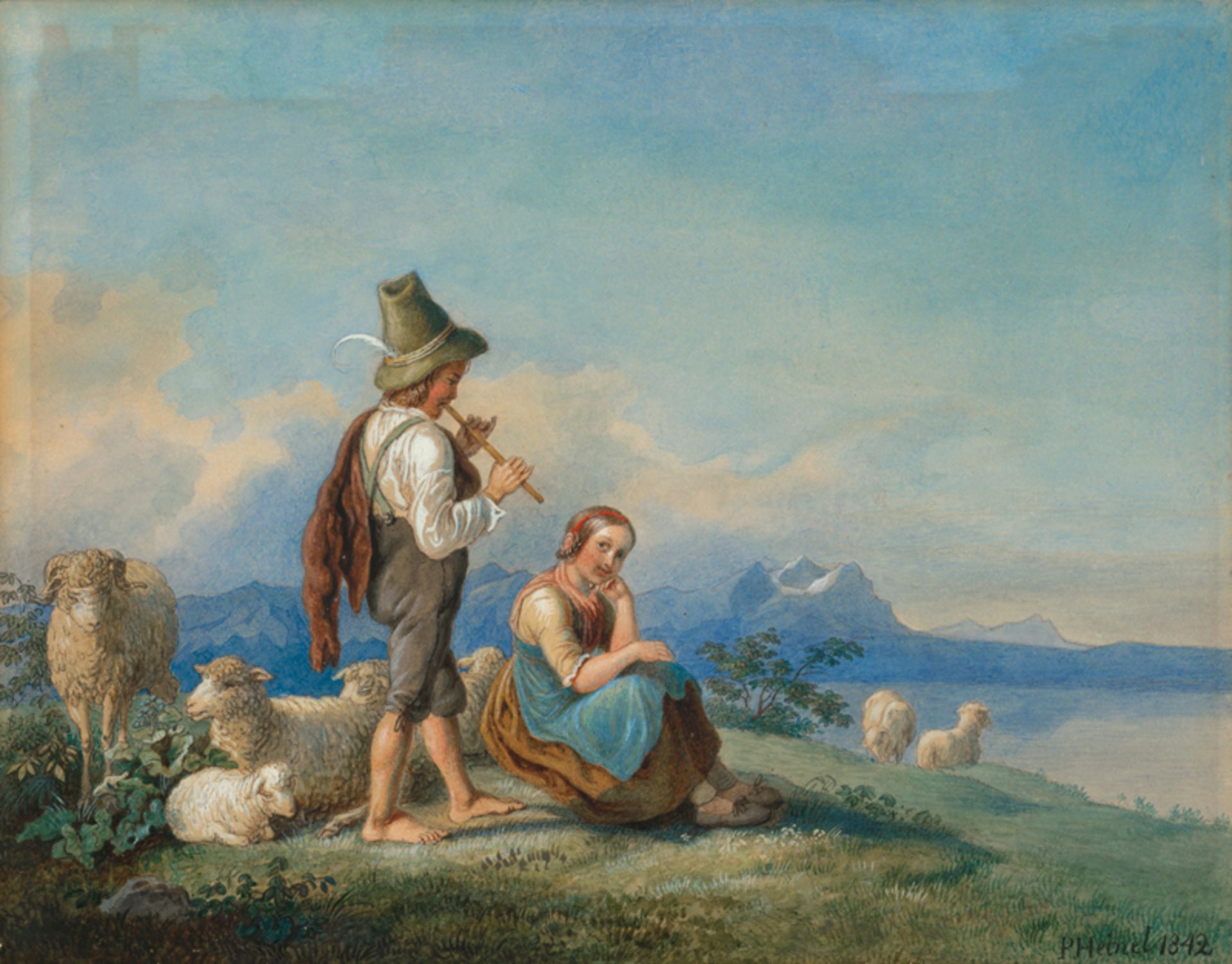 Heinel, Johann Philipp: Hirtenknabe und Mädchen an einem oberbayerischen See