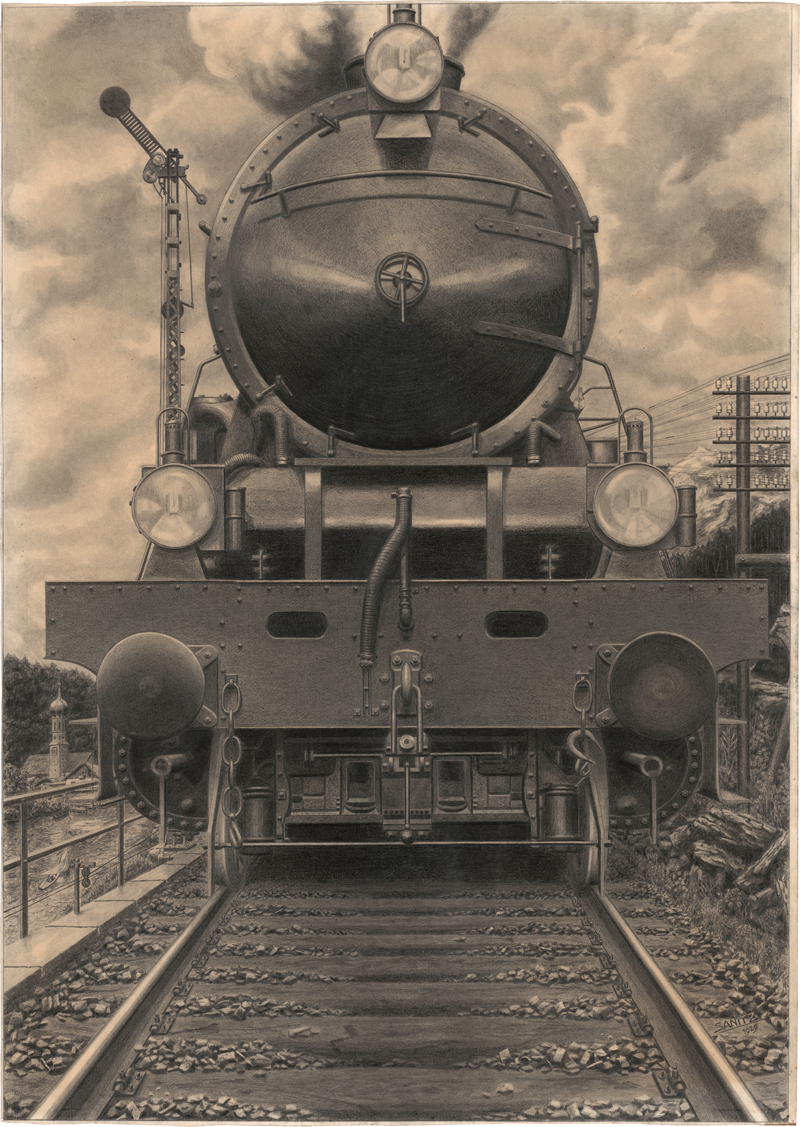 Deutsch: 1929. Lokomotive unter Dampf, vom Gleisbett aus gesehen