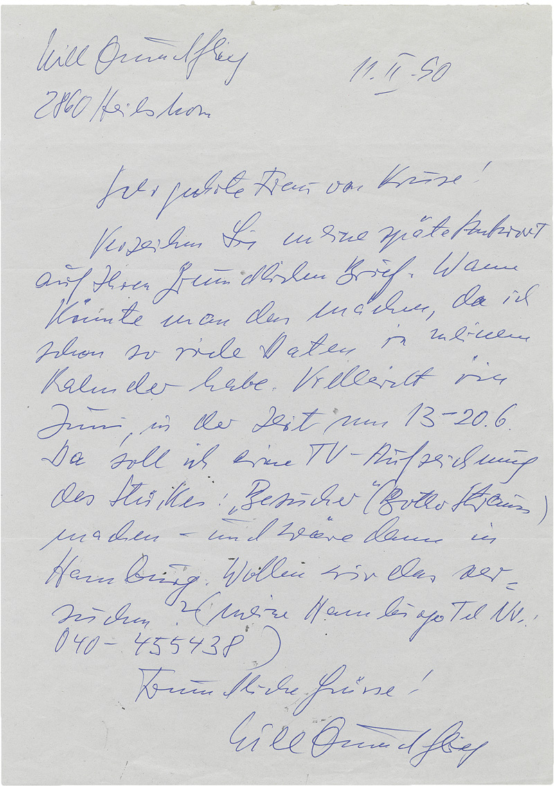 Quadflieg, Will: Eigenh. Brief m. U. 1 S. Fol. 11.2.1990.