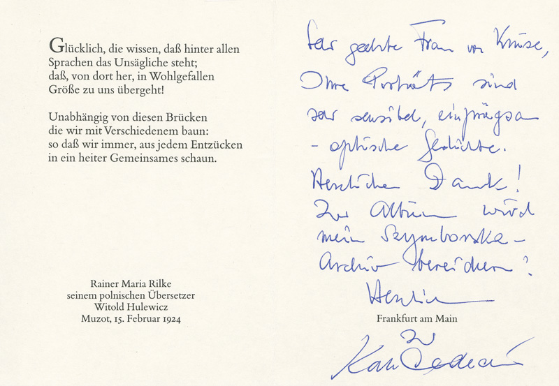 Dedecius, Karl: Eigenh. Gruß auf Briefkarte m. U. 1 S.