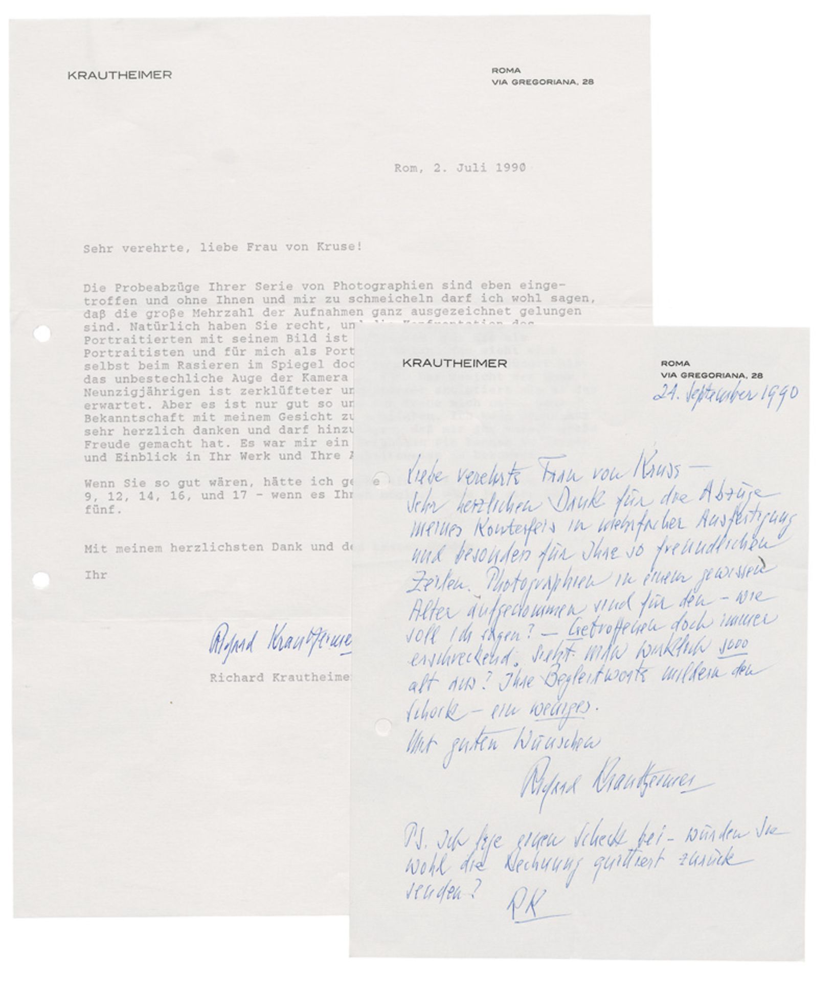 Krautheimer, Richard: Masch. Brief m. U. und eigenh. Brief m. U. 2 S. 