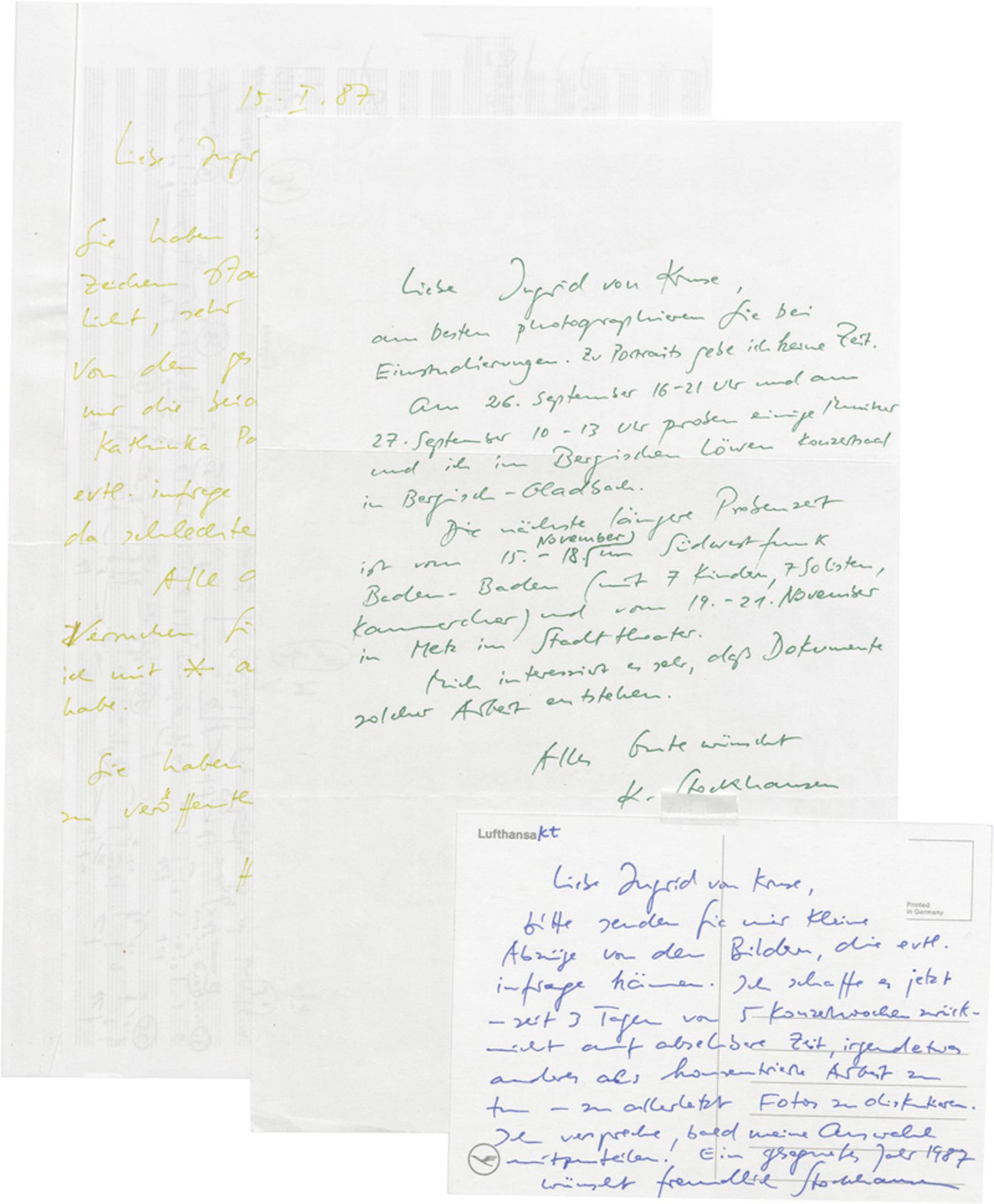 Stockhausen, Karlheinz: 2 eigenh. Briefe m. U. m. U. 2 S. Fol. Sowie 1 Postkarte... - Bild 2 aus 2