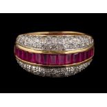 A ruby and diamond ring,: the central row of square cut rubies between brilliant cut diamonds,