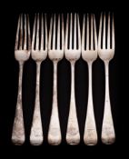A set of six Victorian silver table forks, maker Charles Boynton II, London, 1899: crested, 429gms,