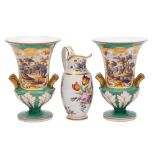 A Paris porcelain cream jug and a pair of English porcelain campana vases: the jug in Empire style,