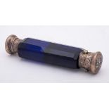 A Victorian blue glass and silver mounted double-ended scent bottle, unmarked: 12cm long.