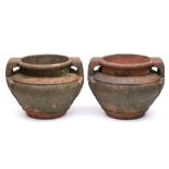 A pair of Compton Pottery-style terracotta two-handled garden urns: of Celtic design in the manner