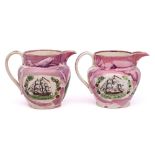 Two Sunderland pink lustre creamware jugs: transfer printed and enamelled,