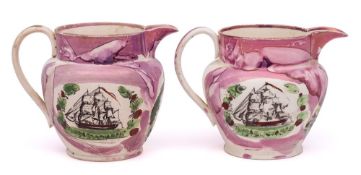 Two Sunderland pink lustre creamware jugs: transfer printed and enamelled,