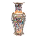 A Chinese Canton famille rose baluster vase: with gilt Buddhistic lion mask ring handles,