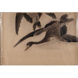 A large Japanese woodblock print in four parts: depicting flying ducks,