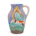 A Clarice Cliff Bizarre Lotus jug: decorated in the Forest Glen pattern with a red roofed cottage