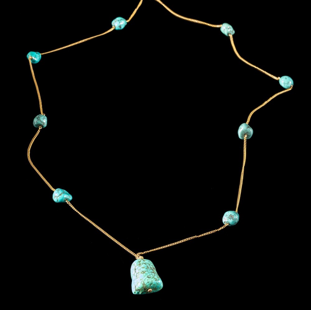 A turquoise matrix bead mounted guard chain with pendant drop,: 48cm long. - Image 2 of 2