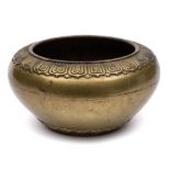 A large Chinese bronze censer: of squat circular form with lotus leaf decorated rim,