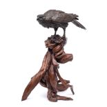 Akasofu Gyoko, A bronze study of an eagle: perched on a twisted root wood stand,