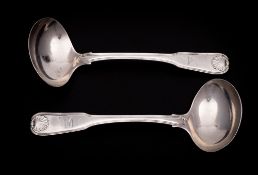 A pair of George III Irish silver Fiddle, Thread and Shell pattern sauce ladles, maker James Scott,