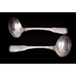 A pair of George III Irish silver Fiddle, Thread and Shell pattern sauce ladles, maker James Scott,