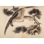 Three Japanese woodblock prints in two parts: depicting eagles flying over pine trees each 94 x