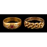A late Victorian 18 carat gold ring,: the knotted panel with beaded detail,