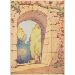 Allen William Seaby [1867-1953]- Beggar in a sunlit stone archway,:- woodcut,