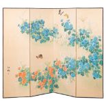 A Japanese silk four fold screen: the panels decorated with butterflies amongst flowering pink and
