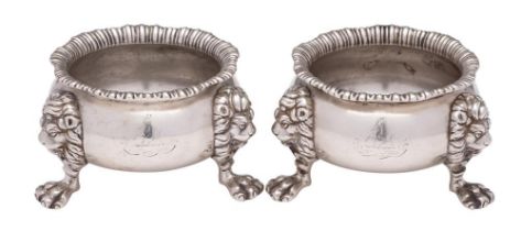 A pair of Edward VII silver salts, maker Goldsmiths & Silversmiths Co Ltd, London, 1908: crested,