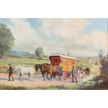 * Wilfred Bailey [20th Century]- Gypsy caravans on a rural lane,