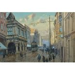 Sidney Carter [1874-1945]- 'After The Shower'; trams and pedestrians on Exeter High Street,