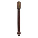 A Georgian mahogany stick barometer: the silvered dial engraved with typical markings and having an