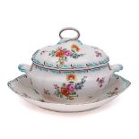 A Chelsea-Derby sauce tureen, cover and stand: with scroll handles and ring finial,