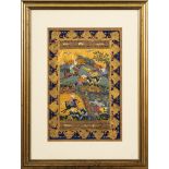 Three Mughal gouache pictures: depicting hunting scenes with script below and enclosed by floral