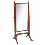 An Edwardian mahogany and inlaid swing frame cheval mirror:, crossbanded in satinwood,